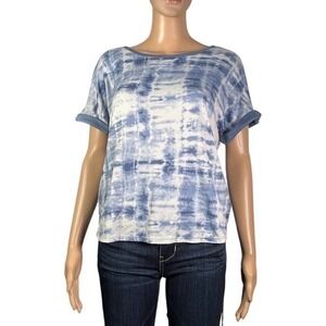 LUCKY BRAND Blue and White Tie Dye Roll Tab Sleeve Tshirt Size Large - "Emmy"